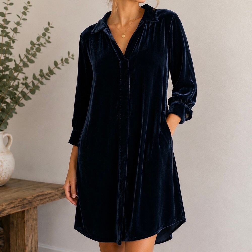 SUNDANCE | Navy Velvet Long Sleeve Collared Tunic Dress NWOT | Medium Petite